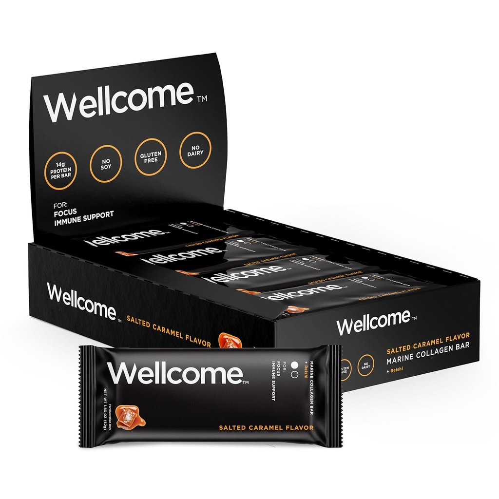 Wellcome Salted Caramel Marine Collagen Protein Bar con Reishi Mushroom per l'energia e il supporto immunitario - Adaptogenic Snack Bar - Dairy Free Health Bar per Functional Active Lifestyle (Pack of 12)