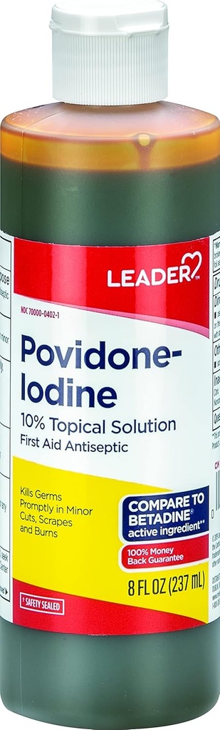 Leader Povidone Iodio 10% Soluzione Prep USP, Detergente antisettico antisettico, Lavaggio in Wound, Sapone Antisettico (8 Fl Oz, Confezione di 1)