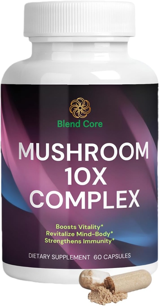 Mushroom 10X Complex - Lions Mane, Reishi e Cordyceps - Supplemento per l'energia naturale & Stress Relief - Immune Boost - Focus & Memory - Natural & Non-GMO