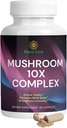 Mushroom 10X Complex - Lions Mane, Reishi e Cordyceps - Supplemento per l'energia naturale & Stress Relief - Immune Boost - Focus & Memory - Natural & Non-GMO