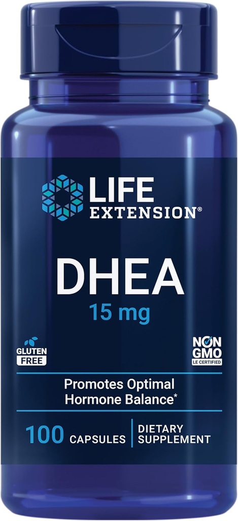 Estensione di vita DHEA 15 mg – Integratore di bilanciamento dell'ormone, Memoria, Massa muscolare e Supporto per la densità di ossa, Guida sessuale sana, Senza glutine, Non OGM, 100 capsule