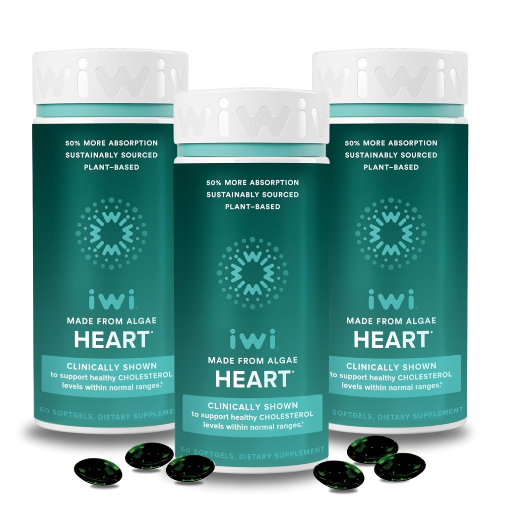 Iwi Life Heart Omega-3, 180 Softgels (90 Servings), Vegan Algae Omega Fatty Acids + EPA, Heart Health Support Integratore alimentare, Krill & Fish Oil Alternative, No Fishy Aftertaste