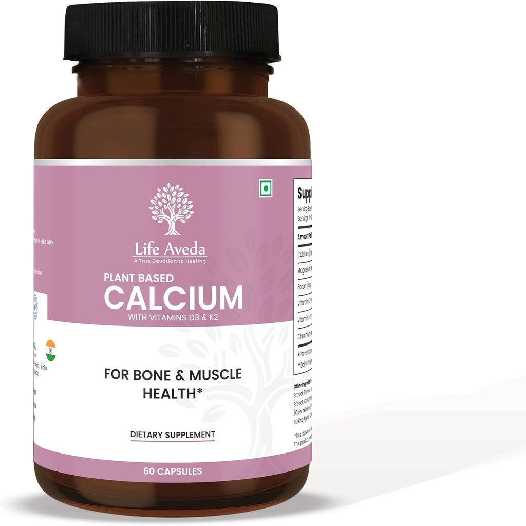Integratore di calcio a base vegetale Life Aveda con vitamina D3, K2 e magnesio | 500mg | Forza di ossa, salute comune, denti e funzionalità muscolare | 60 capsule di veg | 3X assorbimento di calcio per uomini e donne