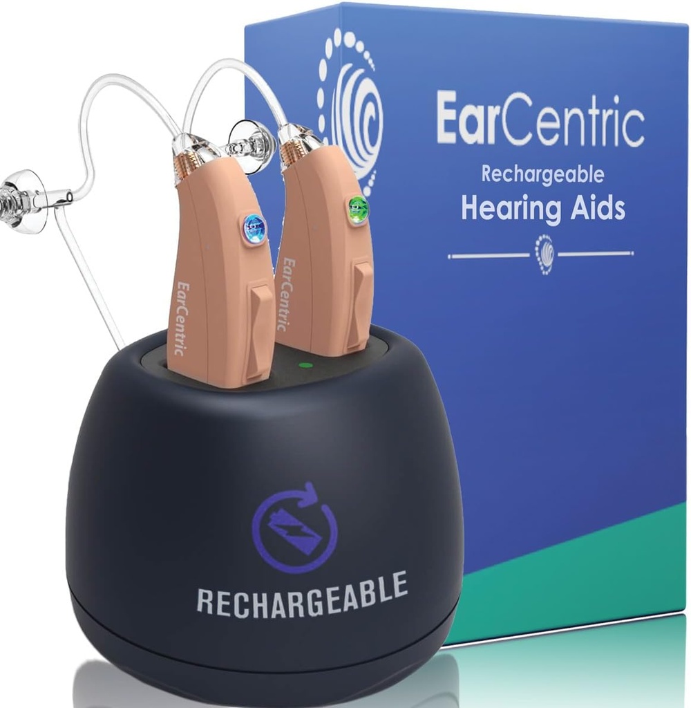 EarCentric EasyCharge apparecchi acustici ricaricabili (Pair) per gli anziani, Behind-The-Ear BTE Ear Aid PSAP digital Audio amplification prodotti dispositivi con cancellazione rumore (Beige)