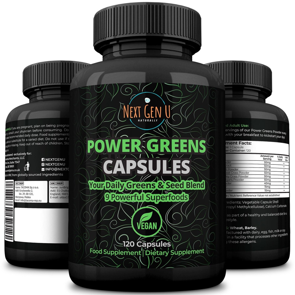 Super Greens - Supporto del sistema immunitario - 500 mg 120 capsule vegane - Superfoods for Daily Booster - Miscela sana Keto con Acai, Wheatgrass, Guarana, Chlorella, Flaxseed, Matcha, Maca - di NextGenU