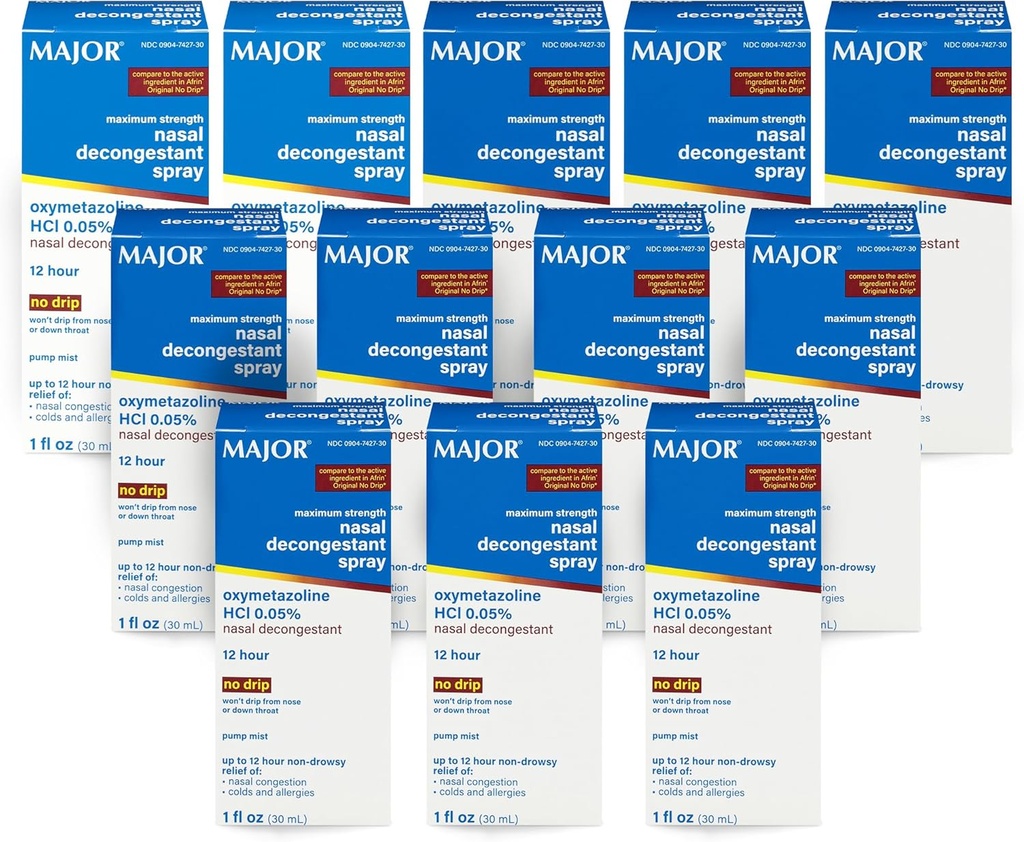 Spray di decongestione nasale di massima resistenza MAJOR, Oxymetazolina HCl 0.05% Pompa Mist, spray nasale non-Drowsy, fino a 12 ore di sollievo dalla congestione nasale, frigoriferi e allergici 1 Fl. Oz. (12-Pack)