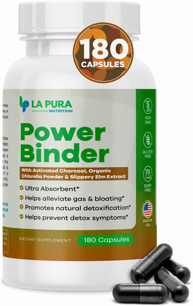 LaPura Power Binder Blend – Detox & Cleanse with Activated Charcoal, Organic Chlorella Powder & Slippery Elm Extract – Aiuta ad alleviare il gas & Bloating – promuove la disintossicazione naturale - 180 capsule