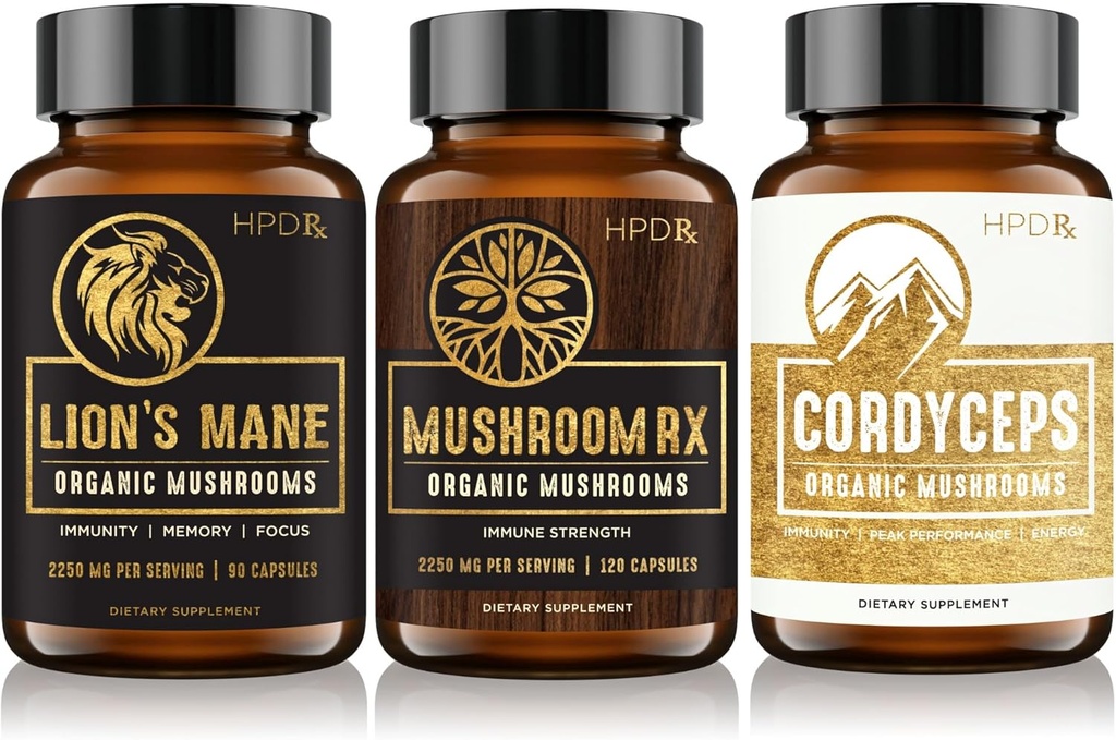 HPD Rx Organic Mushrooms Bundle | Mushroom Rx, Lions Mane & Cordyceps | per l'immunità, la mente e la salute del corpo
