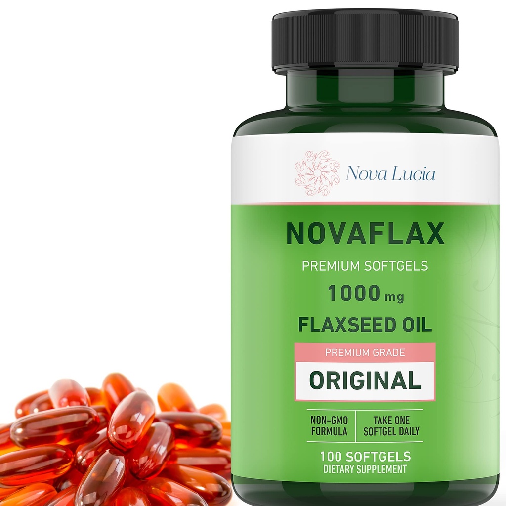 Nova Lucia Organic Flaxseed Oil Capsule 1000mg – Omega 3 6 9 Softgels per Capelli, Pelle & Unghie – Non OGM, Senza Glutine, Senza Essano, Facile da Ingoiare – 100 Liquid Softgels