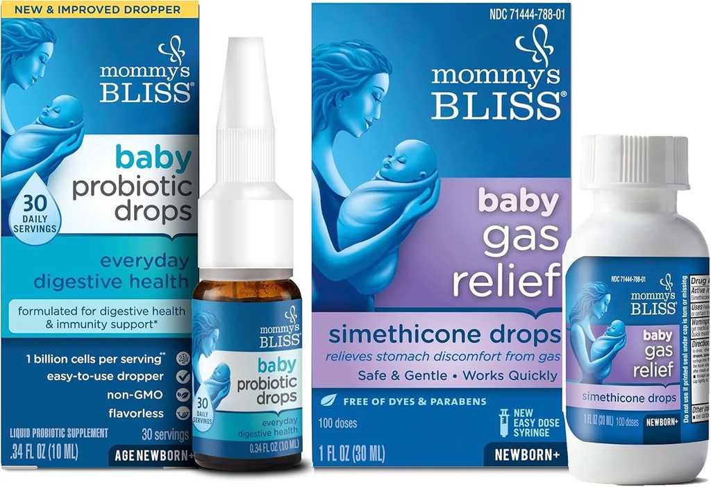 Bliss Baby Probiotic Drops ogni giorno per la salute digestiva e di immunità, 30 Serve (pacchetto di 1) con Fast-Acting Baby Gas Relief Drops 100 Servings (pacchetto di 1)