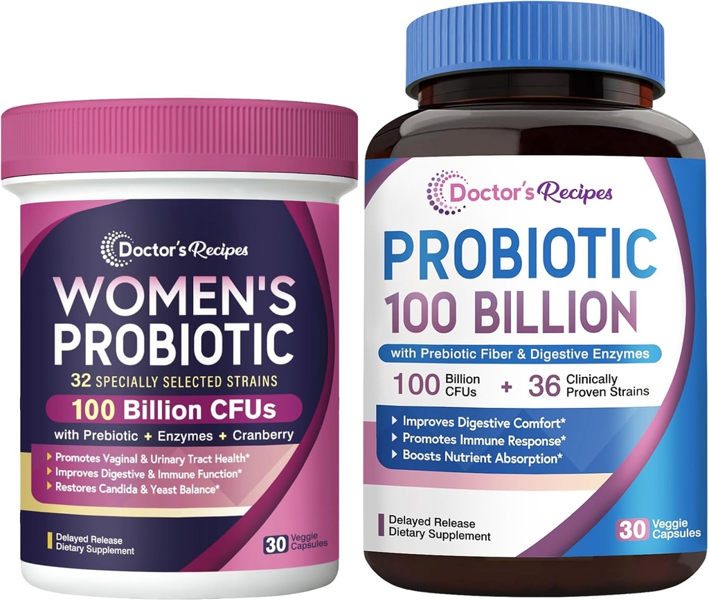 Medico Ricette Probiotici e Probiotici Donna 100 miliardi di CFU Bundle, Salute vaginale e urinaria, Comfort digestivo per uomini e donne, Scaffale stabile, rilascio ritardato