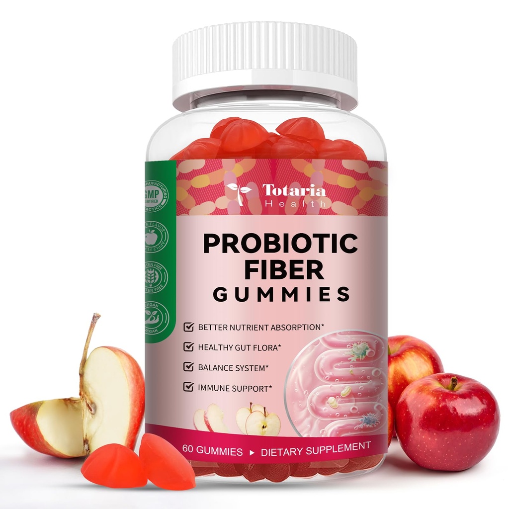 Totaria 9-in-1 Probiotic Fiber Gummies per Adulti & Teens 16G Fibra per Serve, Psyllium Fiber Supplement con 5 miliardi CFU Bacillus Coagulans, Inulina, ACV per Digestive & Gut Wellness - 60 Gummies