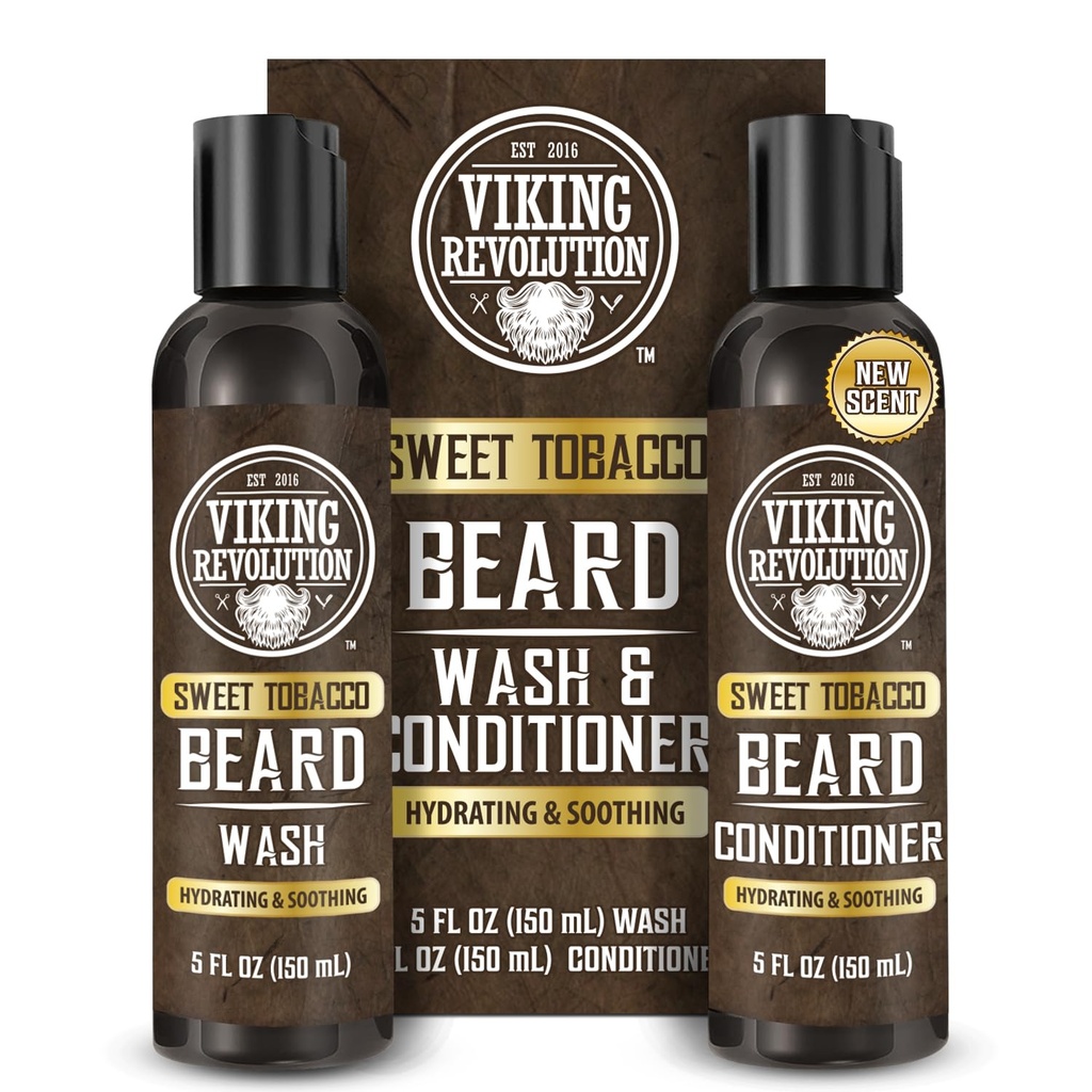 Viking Revolution Beard Wash and Beard Condizionatore per gli uomini con olio di Argan e olio di Jojoba - Cuscinetto Ammorbidente e rinforzante Cuscinetto Cura Shampoo e Condizionatore con olio di barba (5oz, tabacco dolce)