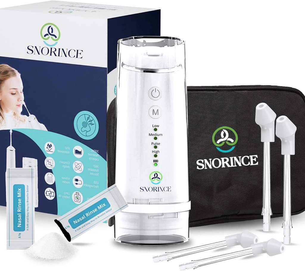 Sistema di irrigazione nasale per il sollievo del seno - Detergente elettrico portatile senza cordone Neti Pot - Kit fluido del seno per adulti e bambini, casa e viaggio con 4 modalità di risciacquo, 4 ugelli, 40 pacchetti di sale