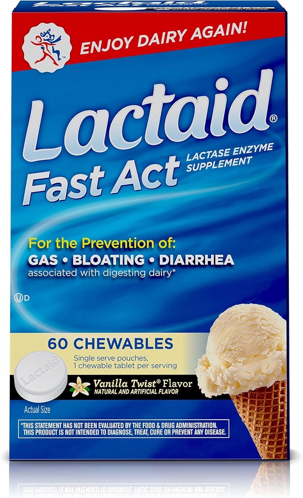 Lattaid Fast Act Lactose Intolerance Chewables with Lactase Enzymes, Vanilla Twist, 60 Pks di 1-ct.