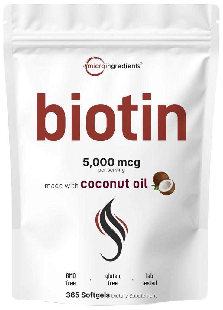 Micro Ingredienti Biotin 5000mcg | 365 Softgels olio di cocco vergine, rilascio rapido, alimentazione di un anno | Supporta capelli sani, pelle, & Nails | Non OGM, No Gluten