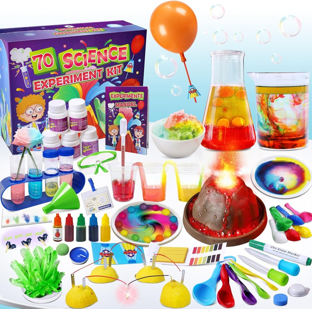 UNGLINGA 70 Lab Experiments Science Kits for Kids Educational Scientist Toys Compleanno Regali Idea per Ragazze Ragazzi, Set di Chimica, Eruzione Volcano, Circuiti di Frutta, S.T.E.M Attività Progetto scientifico