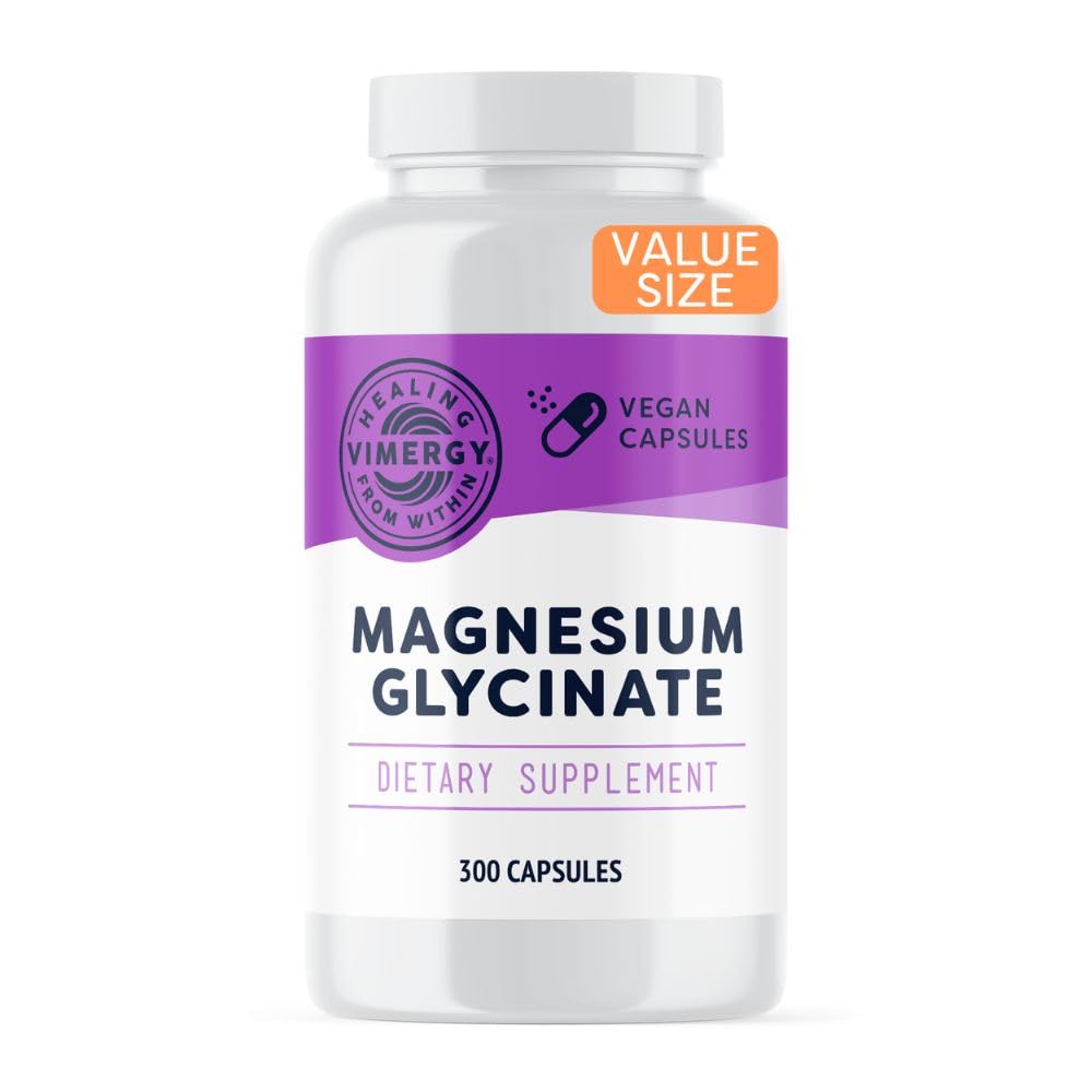 Vimergy Magnesium Glycinate – Supporto Stress – Chelated to Evitare Tummy Upset*– Promuove la salute del cuore e l'energia*– Kosher, Vegan Gluten-Free – 300 Caps