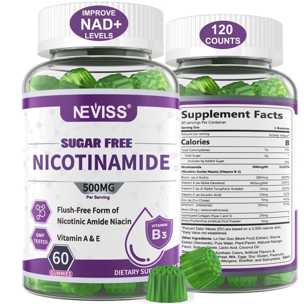 Zucchero Gratuito Nicotinamide 500mg Gummies, (Nacina Gratuita) Vitamina B3 Niacinamide Supplemento per Metabolismo e Riparazione di Energia Cellulare, Vitalità, Invecchiamento sano, Sapore di mirtillo, Facile da cucire, 120 Ct