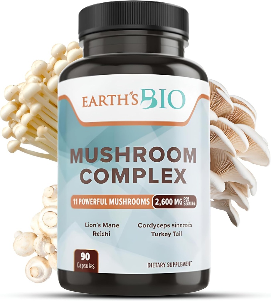 Bio Mushroom Supplement Complex 2.600 mg per Serving, 90 Caps, con Organic Lion's Mane Mushroom, Turkey Tail, Enoki Agaricus, White Button & Oyster Mushroom - Memory & Immune Support