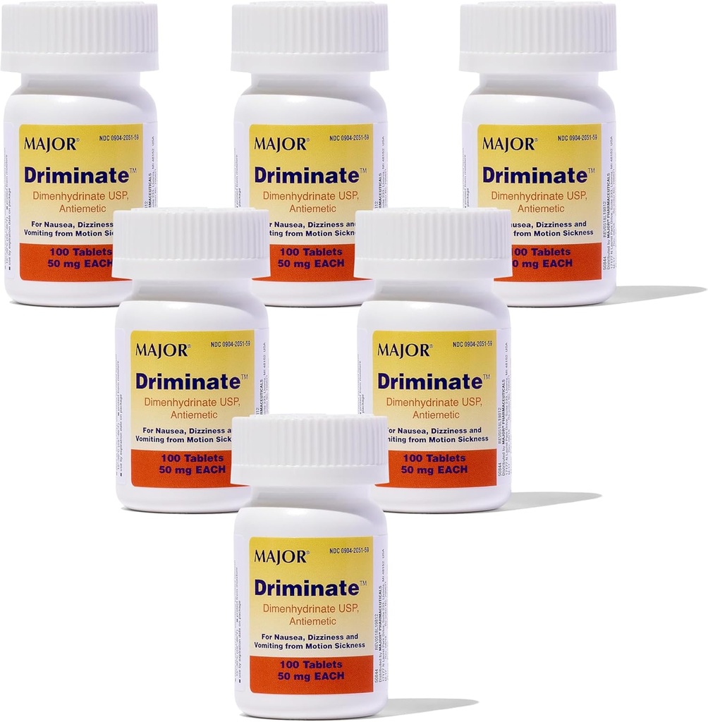 MAJOR Driminate - Dimenhydrinate 50mg Motion Sickness Tablets - Medicina Anti-Nausea - 100 compresse (6 Pack)