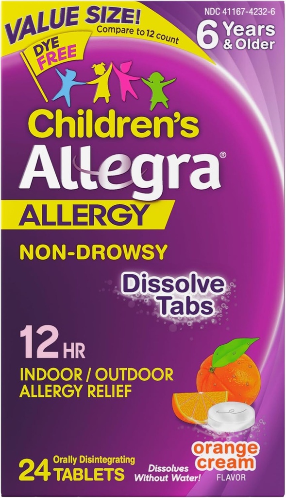 Allegra bambini 12-Hour Allergy Relief Orally Dissolving Tablets, Non-Drowsy Indoor and Outdoor Allergy Medicine, 30 mg Fexofenadine HCI Antihistamine per bambini, Crema Arancione Flavor, 24-Count