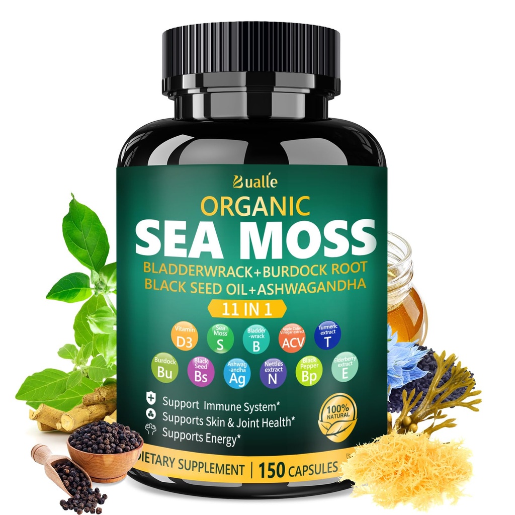 Bualle Irish Sea Moss Capsules – Organic Sea Moss, Black Seed Oil, Ashwagandha Integratori con Bladderwrack, Ginger & Burdock Root – Supporta Daily Wellness, Skin & Energy – 150 Capsule (1 Pack)