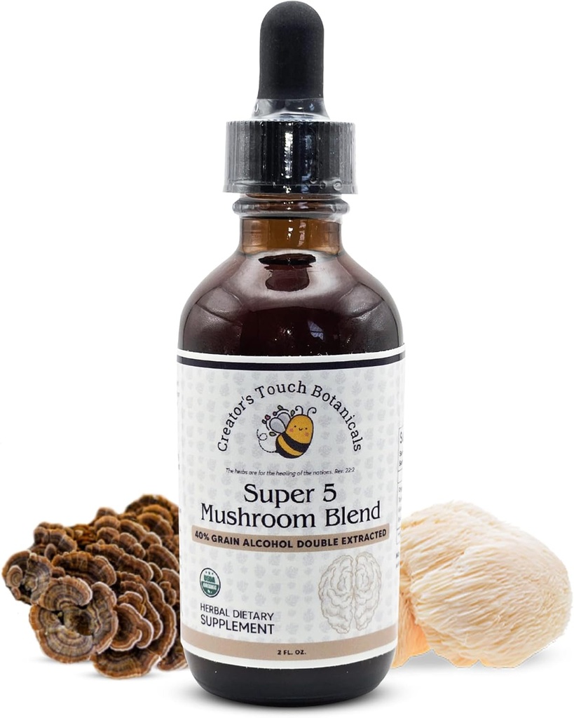Botanical Touch del Creatore, Super 5, Mushroom, Blend 2 fl oz con Reishi, Tail Turchia, Lions Mane, Chaga e Maitake Mushrooms per il supporto immunitario. Doppio estratto, Macerated.