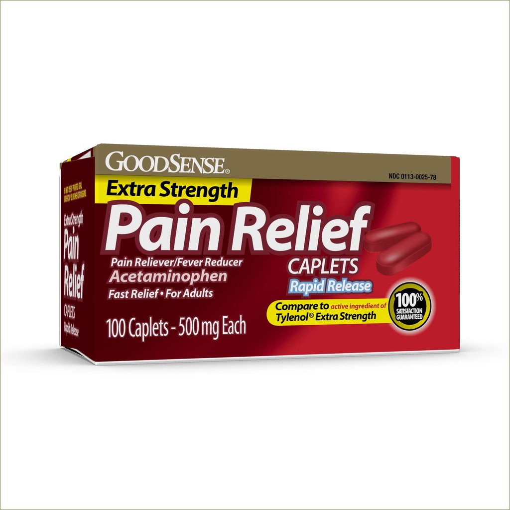 Relief del dolore del rilascio rapido di GoodSense, Caplets di acetaminofene 500 mg, Riduttore di dolore di resistenza extra e di febbre, 100 Conte
