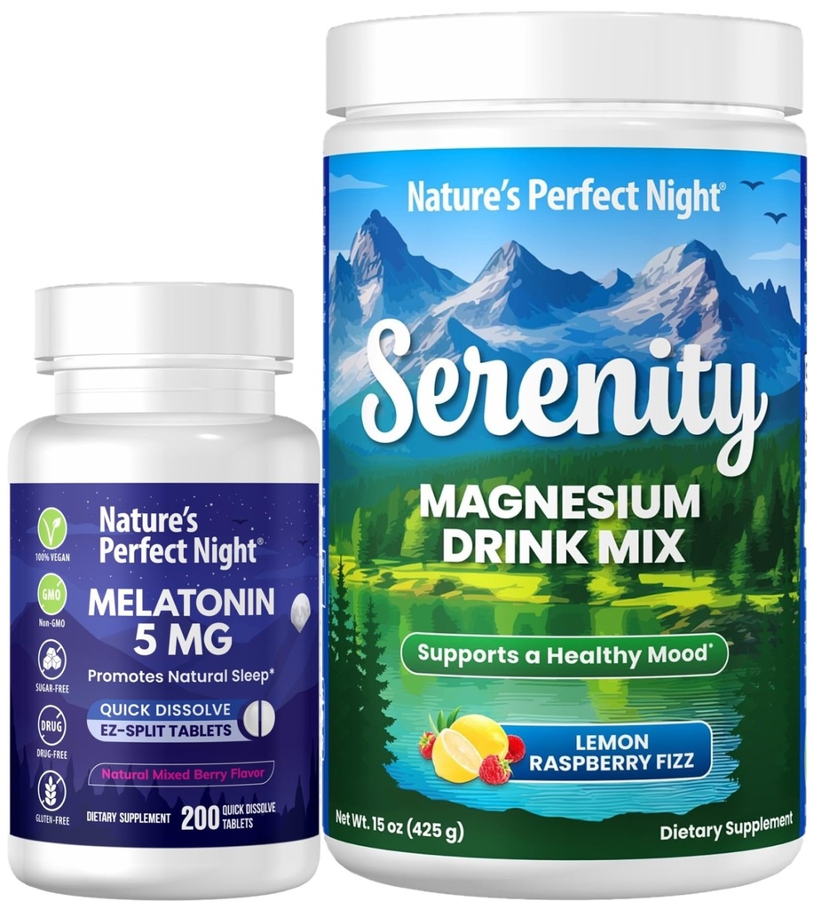 La melatonina notturna perfetta della natura 5mg rapidamente dissolva la bacchetta mista 200 conte con la polvere di magnesio di serenità 15 oz Lemon Raspberry