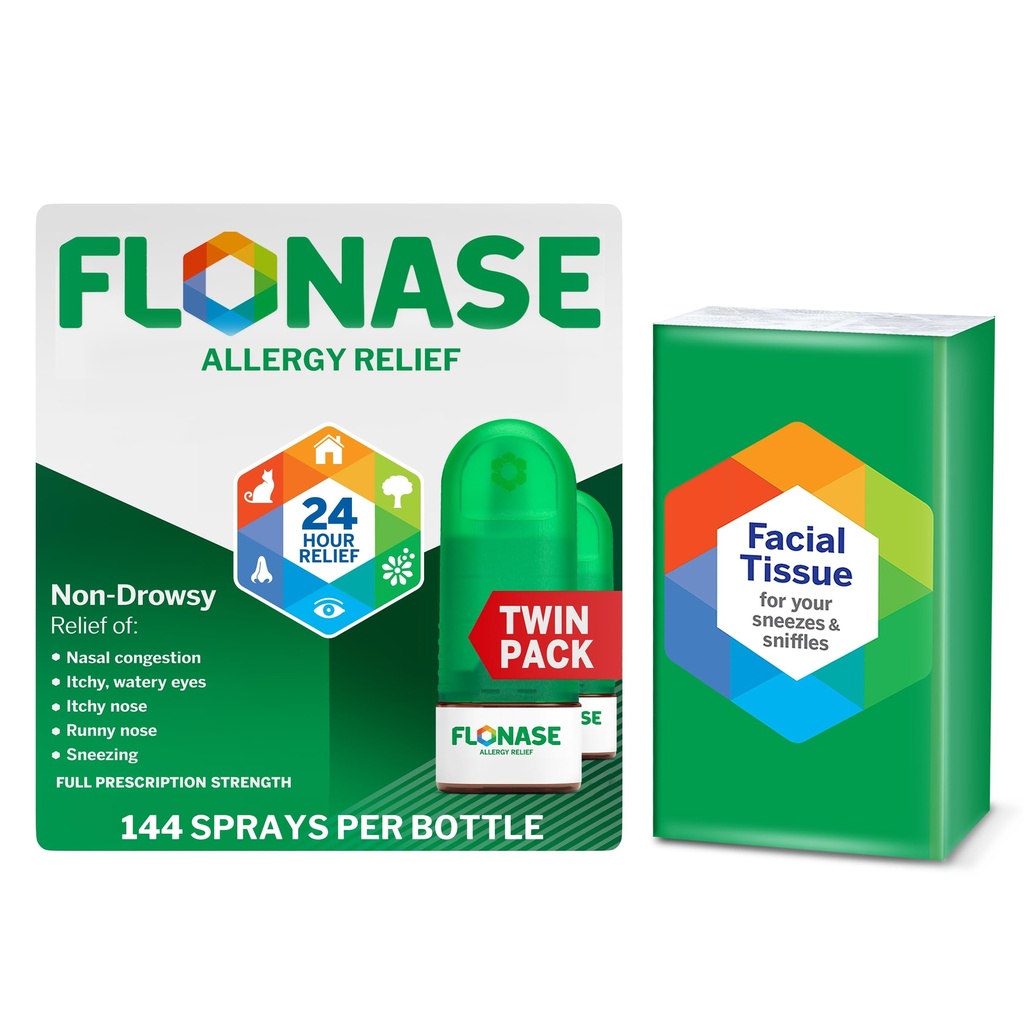 Spruzzo nasale di allergia di Flonase, 24 ore Rilievo Multi-Symptom Non-Drowsy – 144 Spray (Pack of 2) più Bonus Pack di tessuti