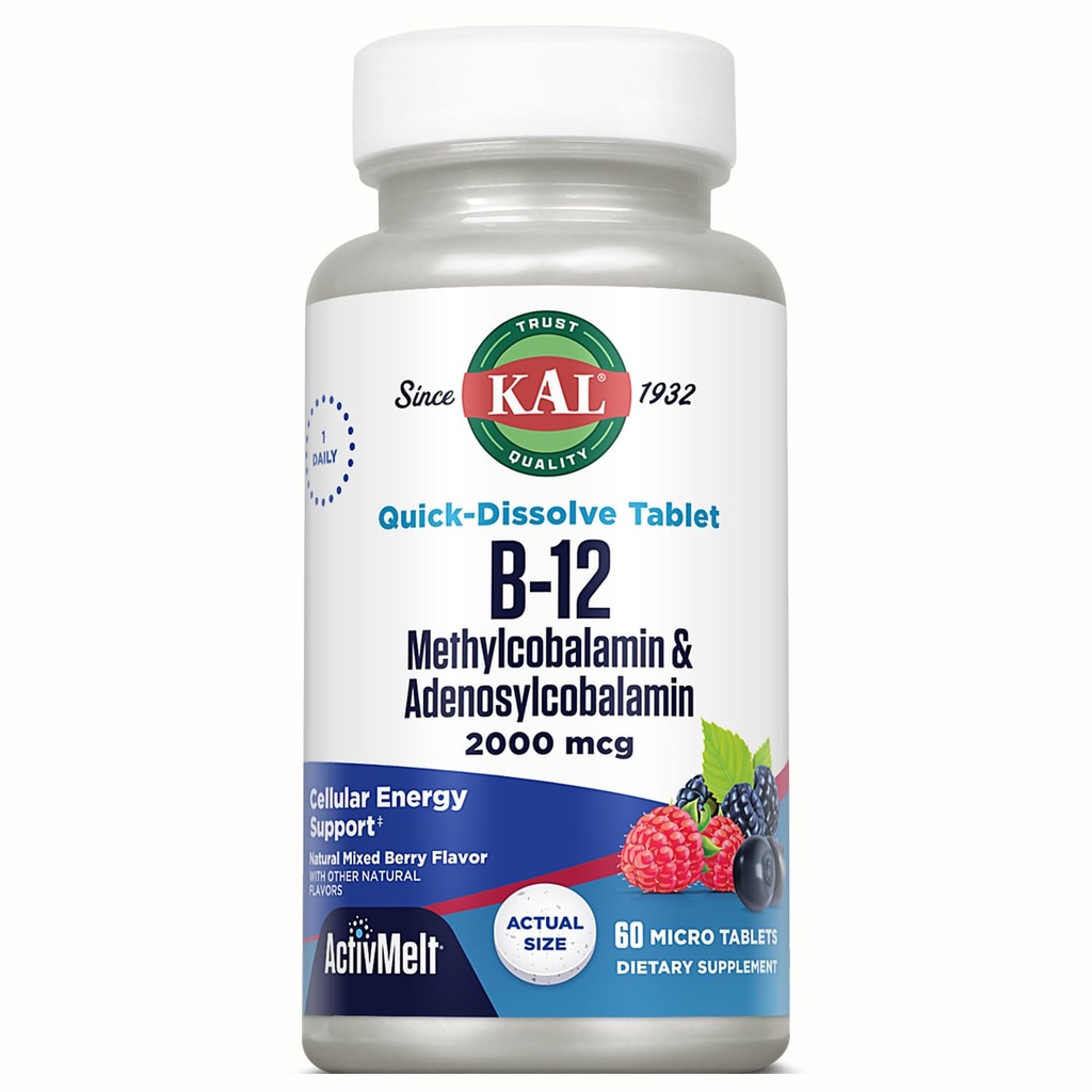 KAL Vitamina B12 Methylcobalamin e Adenosylcobalamin 2000 mcg ActivMelt, B12 Integratori energetici, Metabolismo, Nerve, Red Blood Cell Support, Alta Assorbimento, Berry naturale, 60 Serv, 60 Micro Tablet
