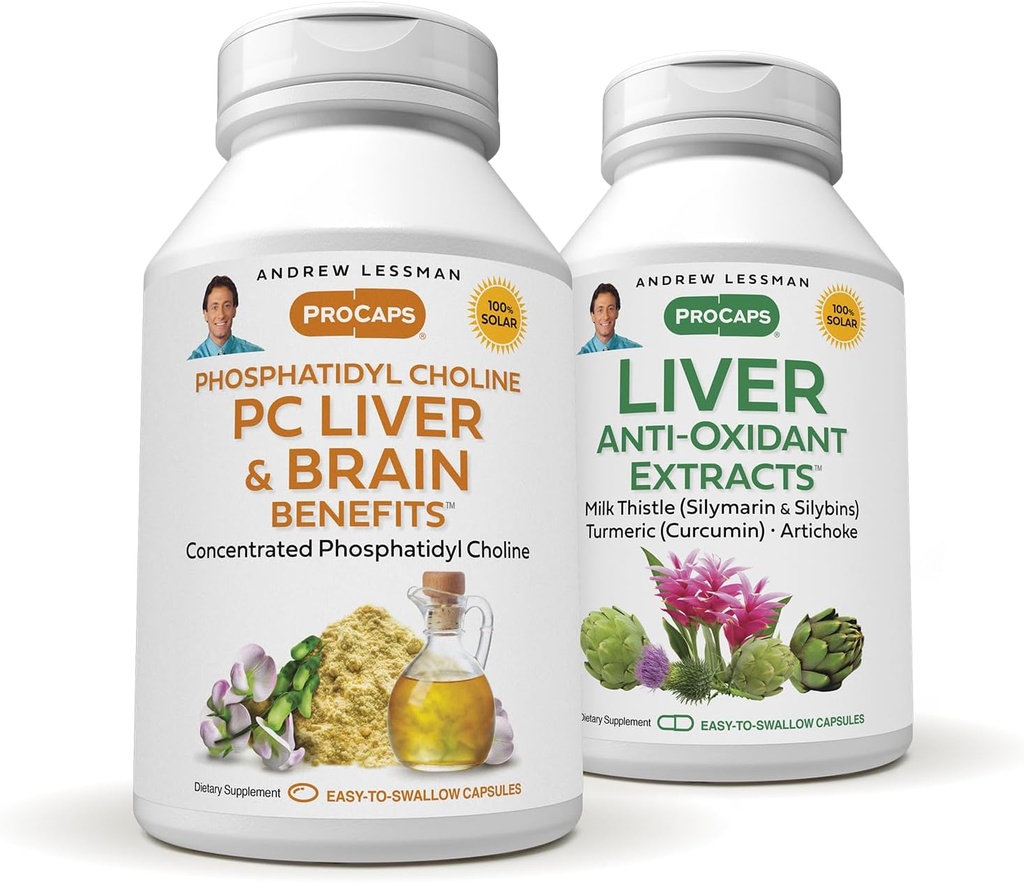 ANDREW LESSMAN PC fegato e cervello benefici + fegato antiossidante estratti Kit: 300 capsule (180+120) - Phosphatidyl Choline, cardo di latte, carciofo, curcumina.