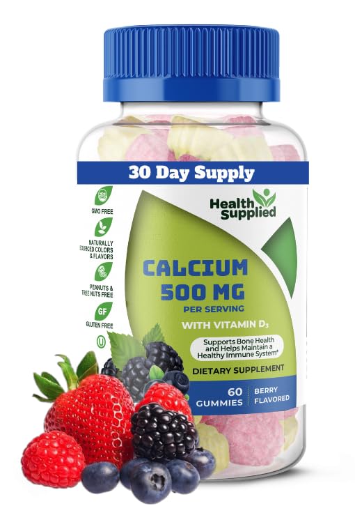 Calcium 500mg con vitamina D3 1000 IU Gummies | Supplemento dietetico giornaliero | Forza di ossa, crescita, denti | per adulti, adolescenti, bambini | Grande gusto naturale di vitamina di aroma di bacche