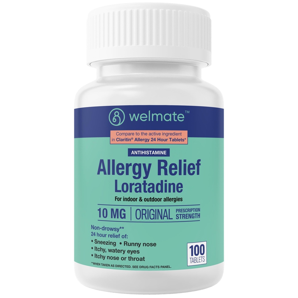 WELMATE - Allergy Relief - Loratadine 10 mg - 24 ore Antistamina Rilievo - Non Drowsy - Runny Nose - Sneezing - Itchy Nose & Throat - Occhi Watery - Indoor & Outdoor Allergy Medicine - 100 Conte