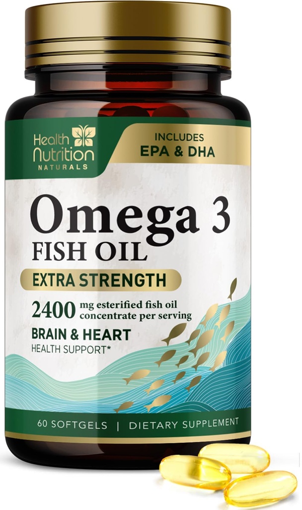 Omega 3 Fish Oil 2400 mg - Supplementi Triple Strength Omega-3 - Natural Brain Heart Health & Immune Support - acidi grassi con EPA & DHA - Wild Caught Purified Fish Oil Supplement - 60 Softgels