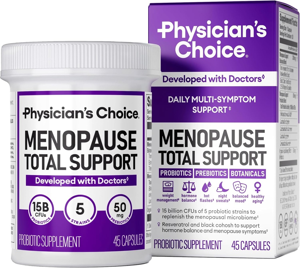 CHOICE Menopausa del medico Supplemento probiotico per le donne - Supporta l'equilibrio dell'ormone, i flash caldi, le maglie notturne, la gestione del peso, Bloating & Gut Health - con Cohosh nero, Resveratrol+ - 45ct