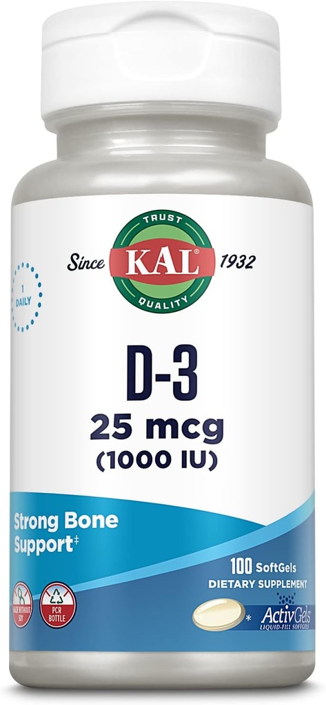 KAL Vitamina D3 1000 IU Softgels (25 mcg), Forma attiva di vitamina D, Assorbimento di calcio, Salute di ossa, Supplemento di supporto immunitario, Attivazione riempita liquida, Fatto senza soia, 100 Serve, 100 Softgels