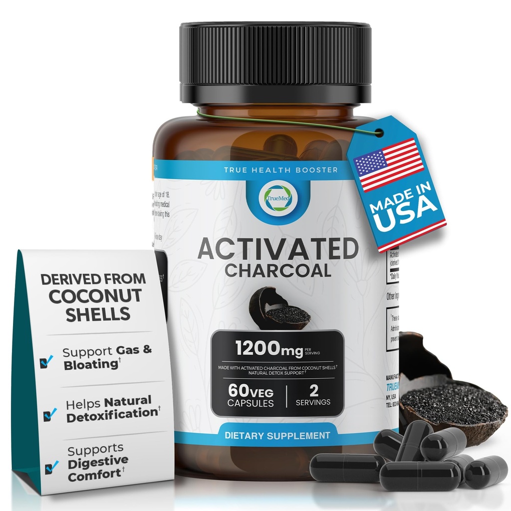 Capsule di carbone attivati 1200 MG, 60 tappi di Veg, 30-Days Premium Detox & Digestive Support, Gas & Bloating Relief, Organic Coconut Shell Charcoal, Gut Health, USA Made.