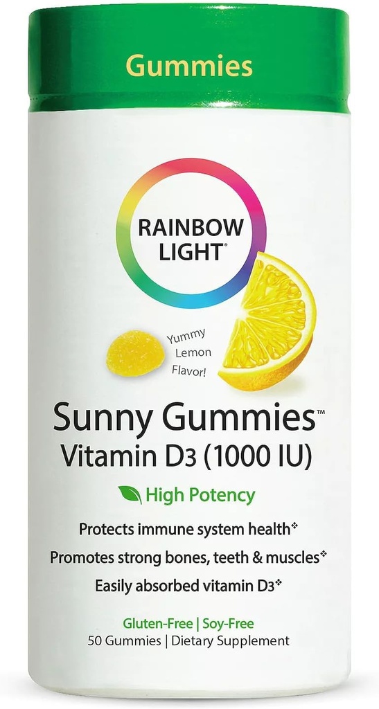 Luce arcobaleno - Sunny Gummies Vitamin D3 1000 IU, Supporto per le ossa sane, muscoli e immunità in una masticabile familiare con vitamina D3, Soy-Free, senza glutine, Sour Lemon, 50 gocce gommose