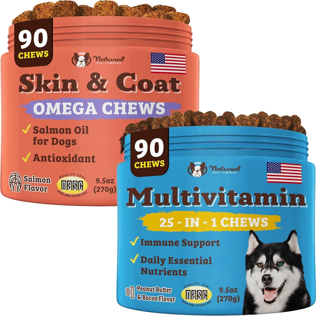 Natural Dog Company Multivitamin Supplement Chews + Skin & Coat Supplement Chews for Dogs - Cura nutrizionale completa per la pelle sana, Shiny Coat, Joint Support e Immune System Boost