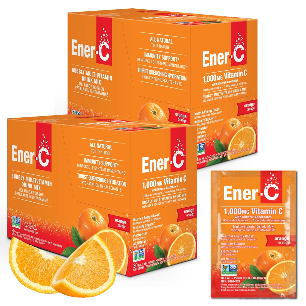 Ener-C - Vitamina C Supporto Immune, 1000mg Vitamin C Effervescent Multivitamin Drink Powder, Succo di frutta Vitamina C Bere Mix per Idratazione con Elettroliti, Arancione, 60 Packets (2-Pack)