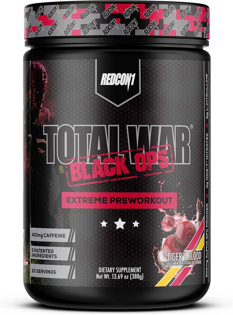 REDCON1 Total War Black Ops Extreme Preworkout Powder, Tigers Blood, High Stimulant, 400 mg di caffeina, NO3-T Nitrati + L-Citrulline, Aumentare il flusso sanguigno, Pompe muscolari (20 Serve)