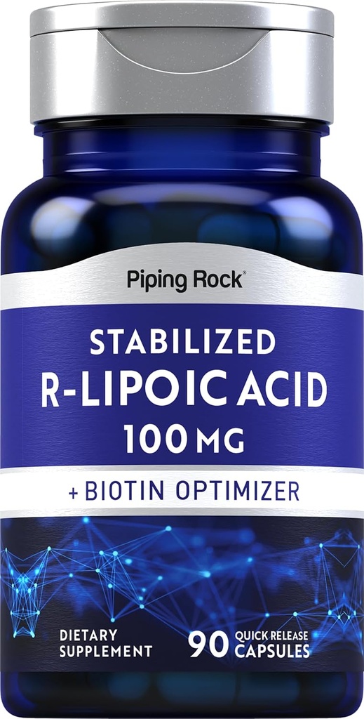 Piping Rock Stabilized R-Lipoic Acid 100mg | 90 Capsule | con Biotin Optimizer | Non OGM, Gluten Free Supplement