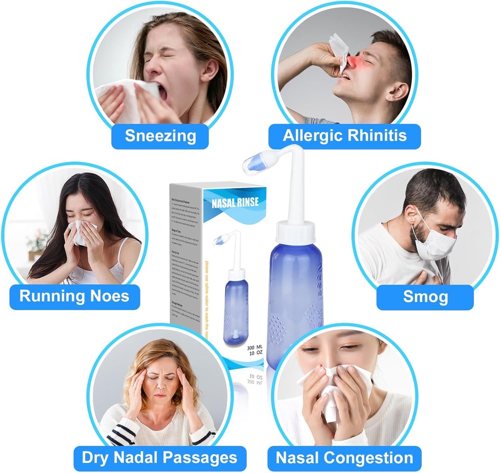 300 ML Nasal Rinse Neti Pot Sinus Rinse Bottiglia di lavaggio nasale Gentle Detergente del naso Confortevole per adulti e bambini pressione efficace Irrigatio con 20 Nasal Wash Salt Packets BPA Free