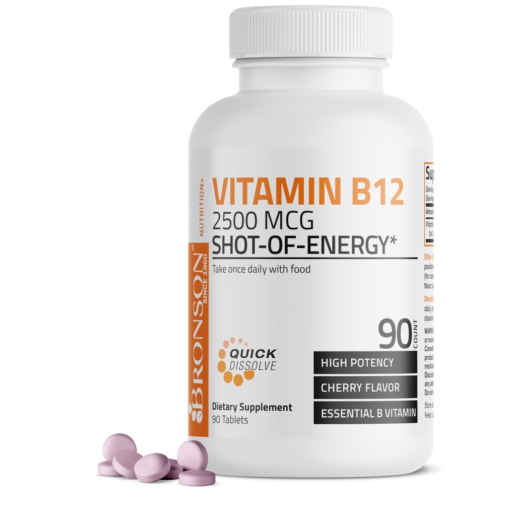 Vitamina B12 2500mcg Shot Of Energy Fast Dissolve Chewable Tablets - Quick Release Cherry Flavored Sublingual B12 Vitamin - Supporta il sistema nervoso, Salute Funzione di cervello Produzione di energia – 90 Conte