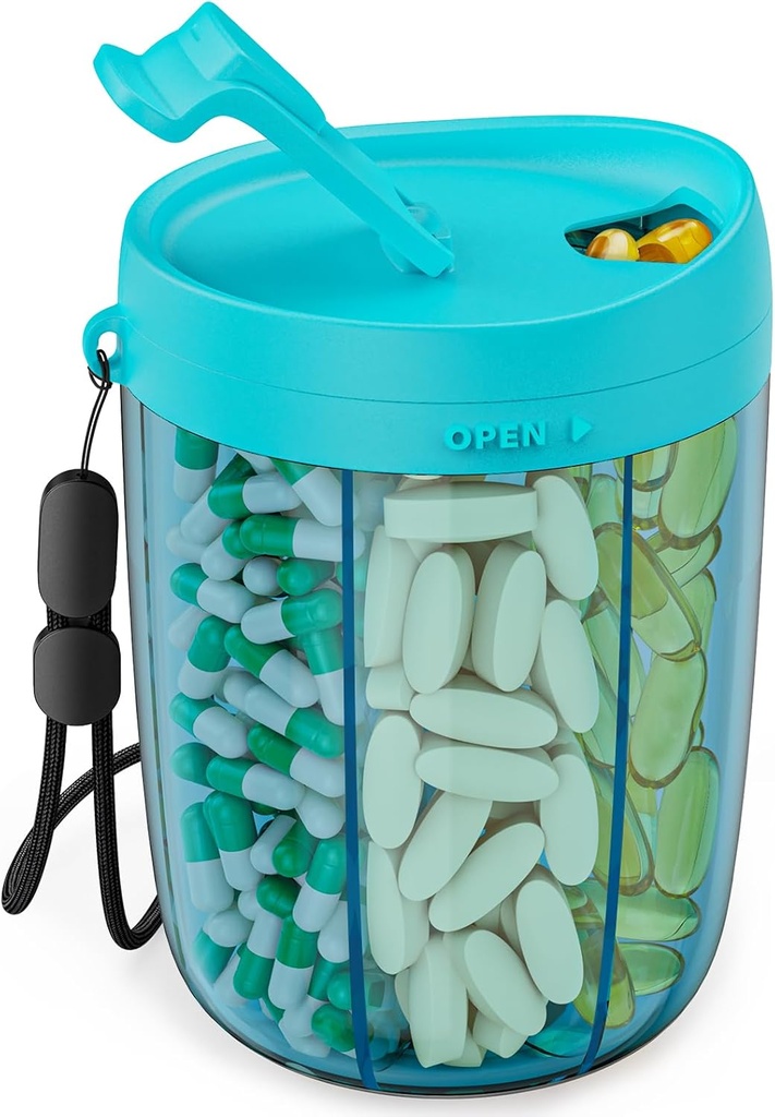 PULIV Large Pill Bottiglia Organizzatore, Supplemento per il possesso di 6 diverse vitamine, Pill Box Case con Anti-Mixing &amp; Wide Design di apertura, Facile da recuperare Meds e 20 Pcs Stick-on Etichette, Blu