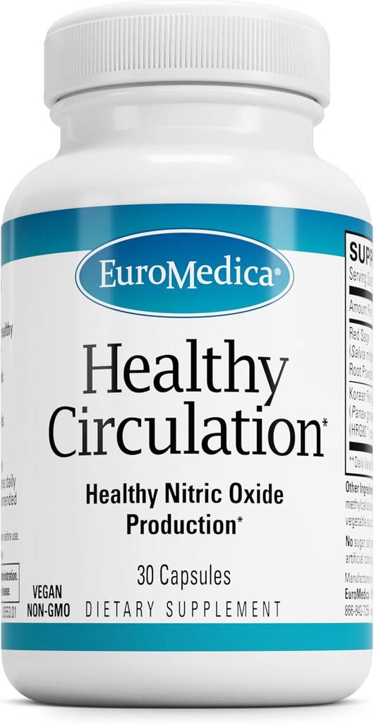 EuroMedica Circulation sana - Integratore alimentare per il supporto della circolazione sana - Sano flusso sanguigno e aiuto alla funzione cardiaca - Capsule non OGM & Vegan - 30 Capsule (30 Serve)