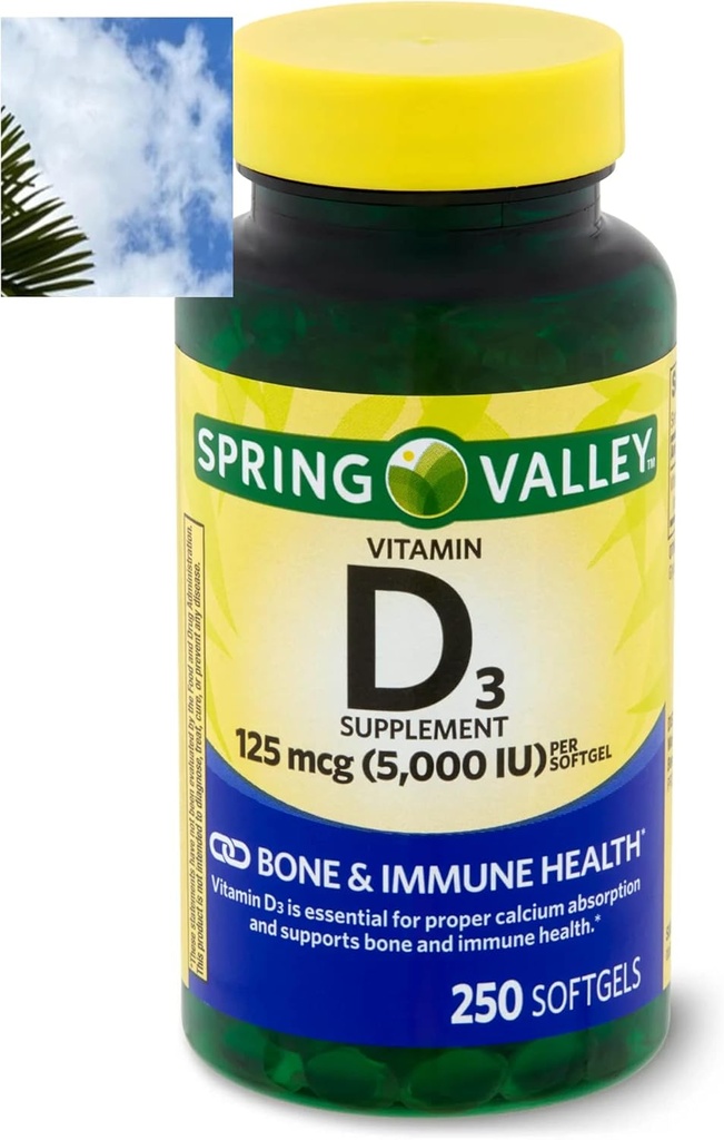 Vitamina D3 Softgels, 125 mcg per Softgel, 5000 IU, 250 Conte