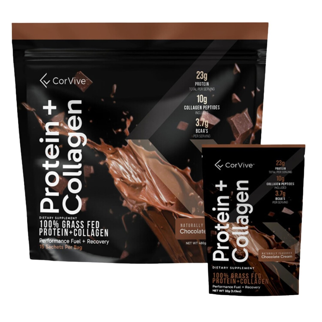 Proteine + Collagen Powder | 23g Protein (Grass-Fed Whey + Collagen) | 3.7g BCAAs | Supporta Muscolo e Joint Health | Gluten & Soy Free | No Artificial Ingredients | 15 Sachets - Chocolate